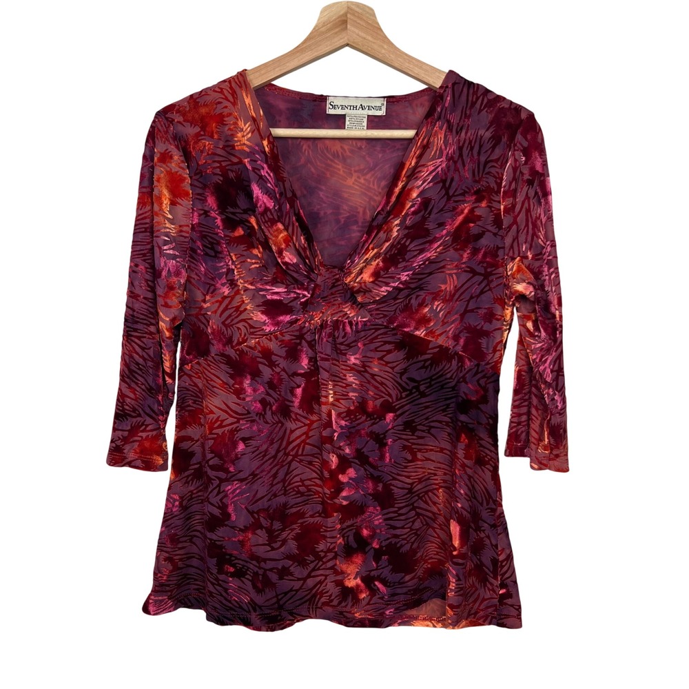 Y2K Babydoll Velvet‎ Burnout Twist Front 3/4 Sleeve Top Womens Large Fairy Sheer